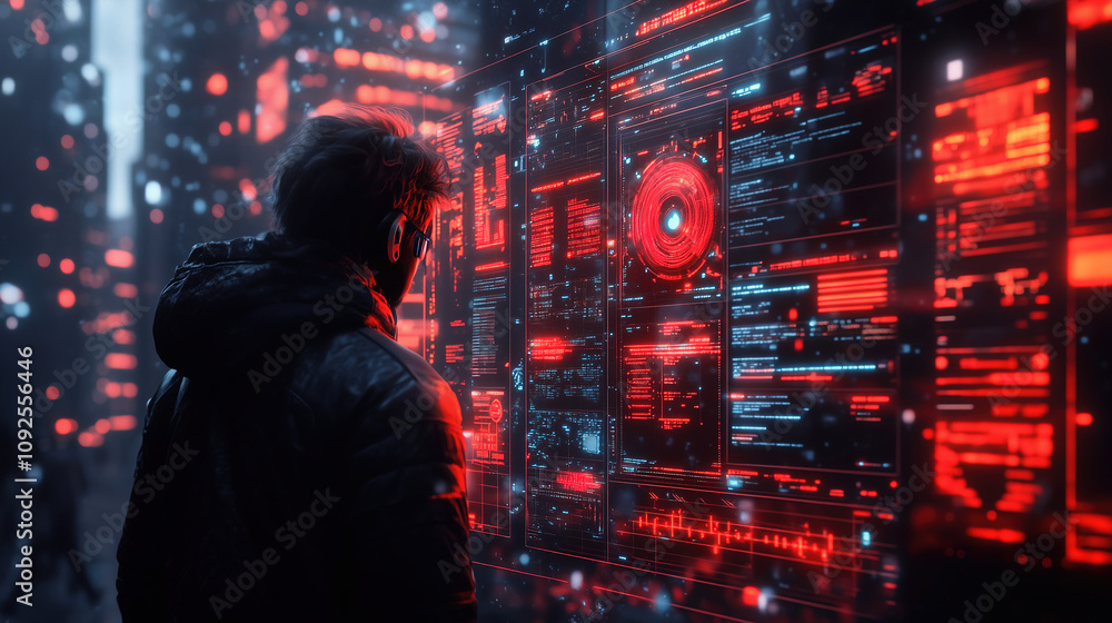 Aufkleber exploring advanced technology interface in a futuristic urban environment at night. generative ai