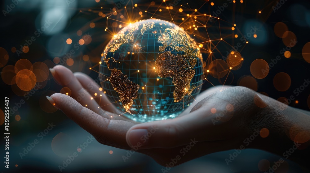 Poster A digital globe hovering above a hand, symbolizing global connectivity and technology. represented as a wireframe structure with illuminated nodes, indicating interconnectedness across continents.
