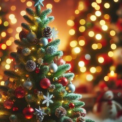 Decorated Christimas Tree and Festive Lightning - Tree decorated with Ornaments, Baubles and Topper - Christmas Tree on Diffused Bokeh Background with Gifts and Presents