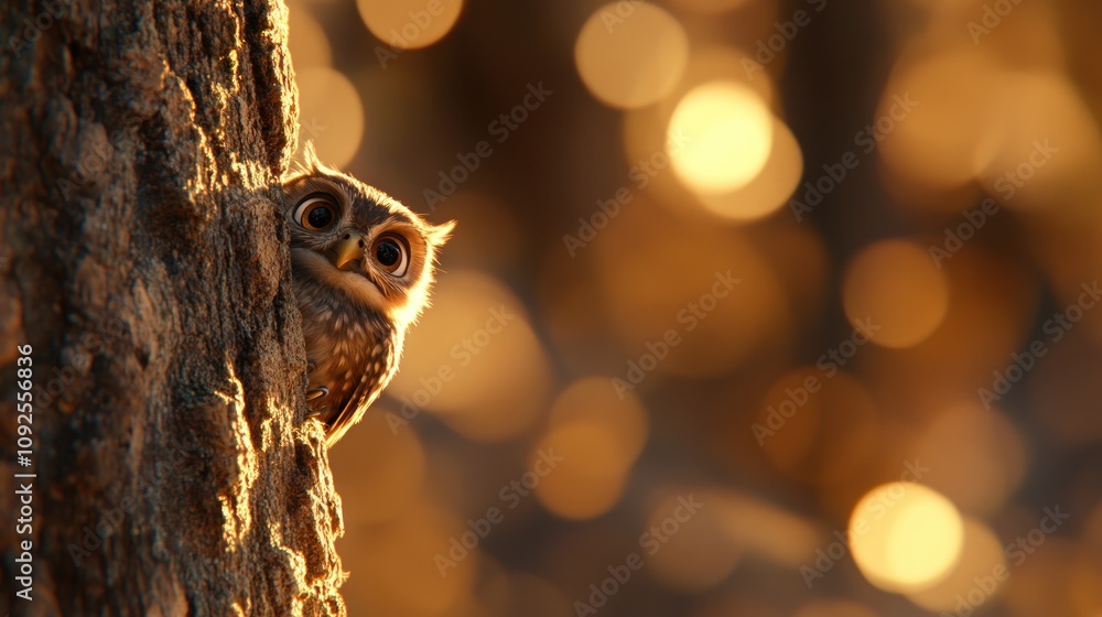 Poster a curious owl peeks from a tree trunk, surrounded by soft golden bokeh.