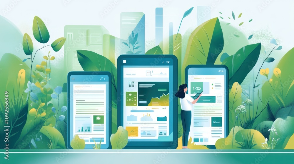 Poster an illustration of mobile devices displaying data analytics amidst lush greenery.