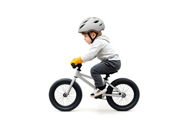 Fototapeta premium Side view little kid in helmet riding bicycle isolated on white background
