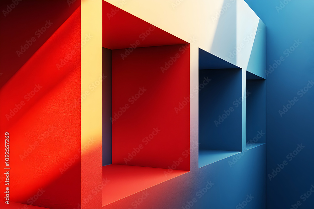 Poster abstract 3d red and blue recessed cube background with light and shadow