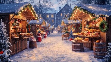 Charming European Christmas market banner with festive wooden stalls, warm lights, holiday wreaths, and delicious seasonal treats in a snow-covered village square.