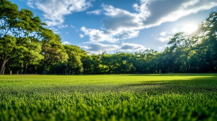 Fototapeta premium An open grassy field in a public park, with well-kept grass and a backdrop of mature trees and blue sky.