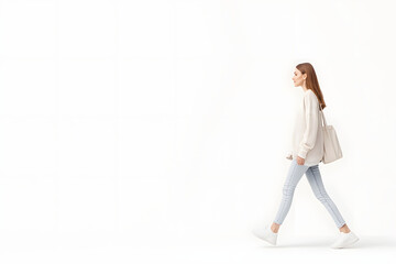 Side view of casual woman walking isolated on white background