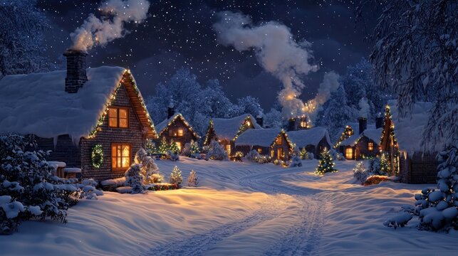 Charming snow-covered village scene with quaint cottages and festive lights. A starry night sky and Christmas wishes in chimney smoke add a whimsical touch