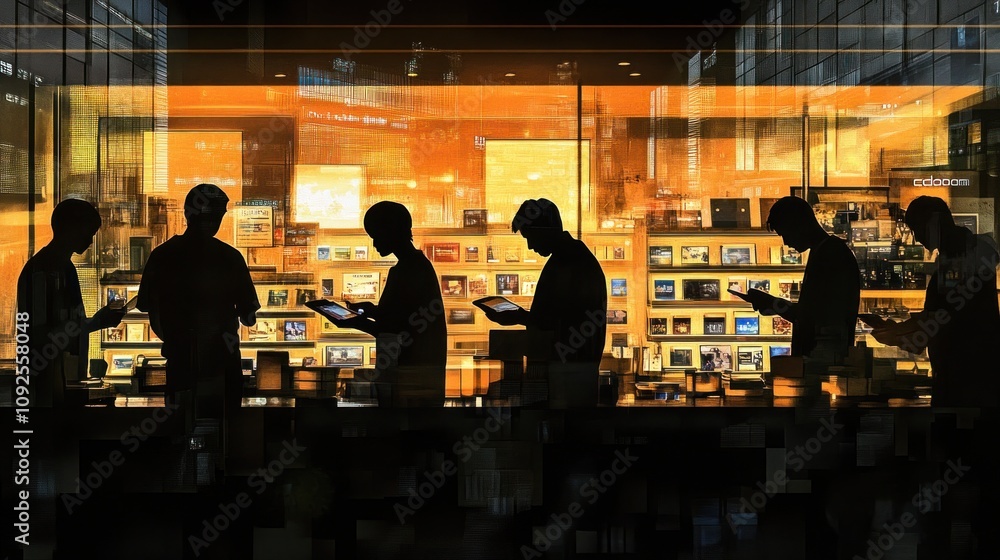 Poster Silhouetted figures using devices in a tech-focused environment.
