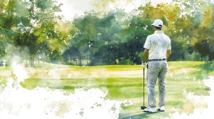 Focused Golfer in a Concentrated Stance Preparing for Next Shot Amidst Lush Greenery and Scenic Golf Course Background in Vibrant Artistic Style