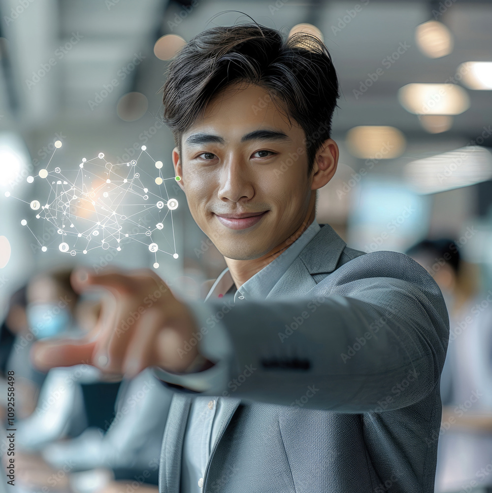 Poster young asian man, dressed in smart grey business attire, reaching out to a white background to touch 
