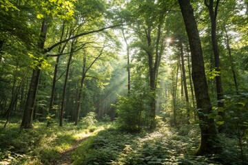 Obraz premium Dense foliage with sunlight filtering through canopy, lush, verdant, tree tops