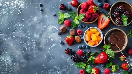 Chocolate fondue aassorted fresh fruits two types of chocolate ingredients for cooking a sweet romantic dessert stone concrete background