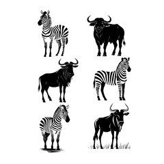 Silhouettes of African wildlife including giraffes, zebras, and rhinos on a white background