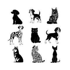 Various dog and cat silhouettes in a grid pattern showcasing different breeds and styles