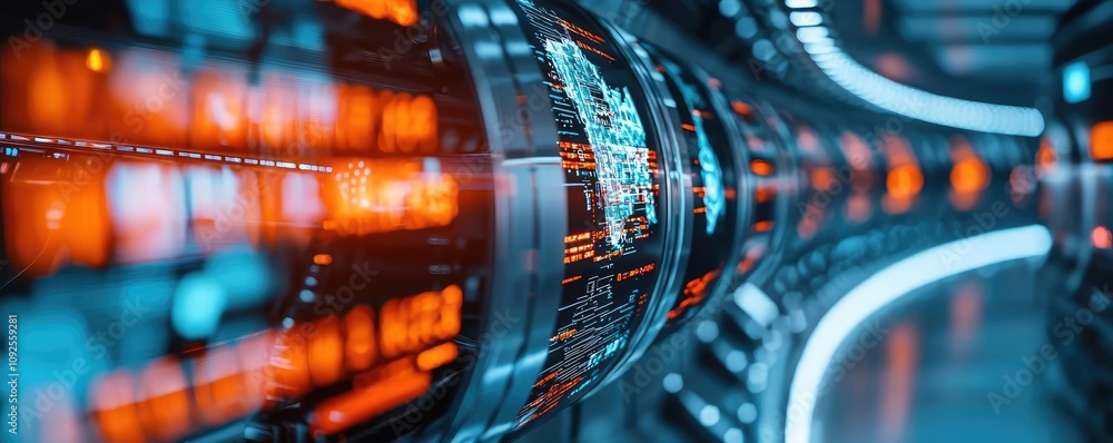 Poster futuristic data tunnel with glowing lights and digital interfaces, abstract design.