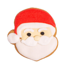 Homemade gingerbread cookie „Santa Claus“ on white, isolated Christmas handmade gingerbread cookie „Santa Claus“ on white background, Christmas dessert, top view, flat lay, copy space