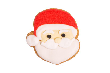 Obraz premium Homemade gingerbread cookie „Santa Claus“ on white, isolated Christmas handmade gingerbread cookie „Santa Claus“ on white background, Christmas dessert, top view, flat lay, copy space