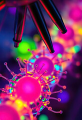 Vibrant scientific exploration of microscopic structures laboratory photography colorful environment close-up view innovation