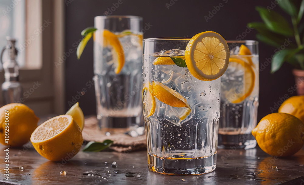 Poster three glasses of water with lemon slices in them. one glass is full, one is half full, and one is al