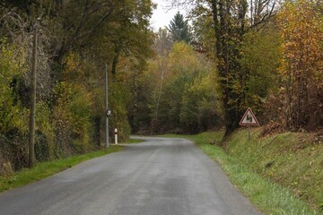 Winding road leading through autumn forest in Dordogne France