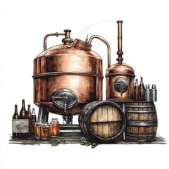 Naklejka premium A vintage copper distillery setup featuring barrels and bottles, evoking a rustic, artisanal atmosphere.