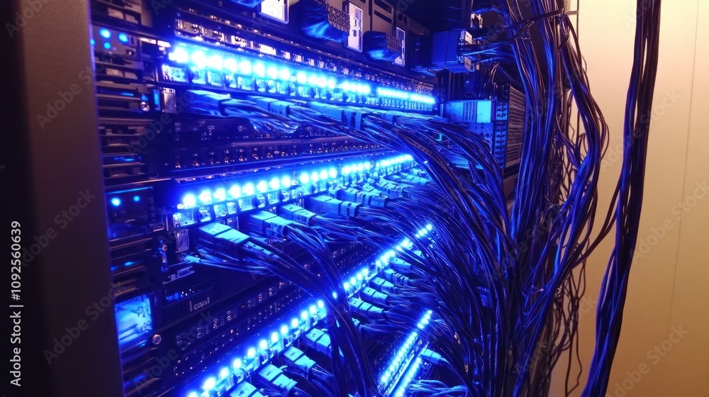 Poster illuminated network server rack with numerous cables