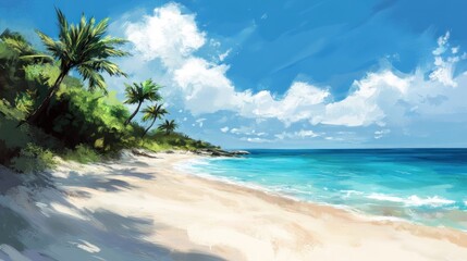 Obraz premium A serene beach scene with palm trees and clear blue water under a bright sky.
