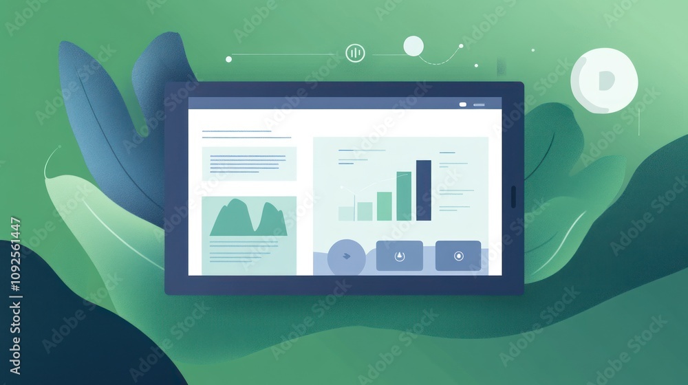 Aufkleber Digital tablet displaying data visualizations and graphs on a green abstract background.