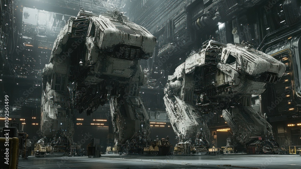 Poster two massive mechanical beasts rest in a futuristic hangar