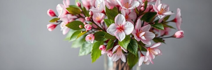 Obraz premium Elegant cherry blossom arrangement with artificial leaves in a clear glass vase, artificial flowers, centerpiece ideas