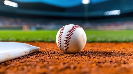 Close-up of a baseball resting on the infield dirt at sunset.