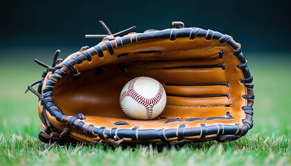 A baseball resting inside a vintage leather glove on grass.