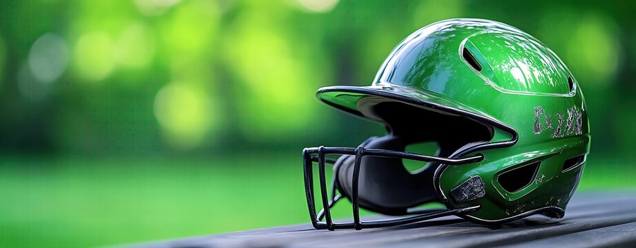 Close-up of a green cricket helmet on a wooden surface. - Powered by Adobe