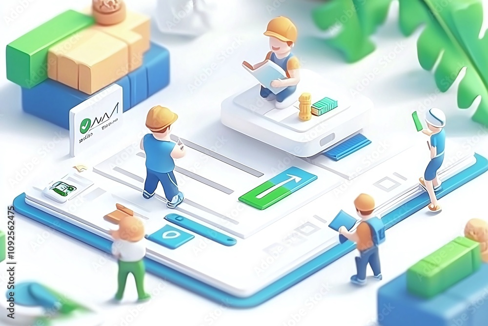 Aufkleber miniature workers on a giant tablet managing data and logistics.
