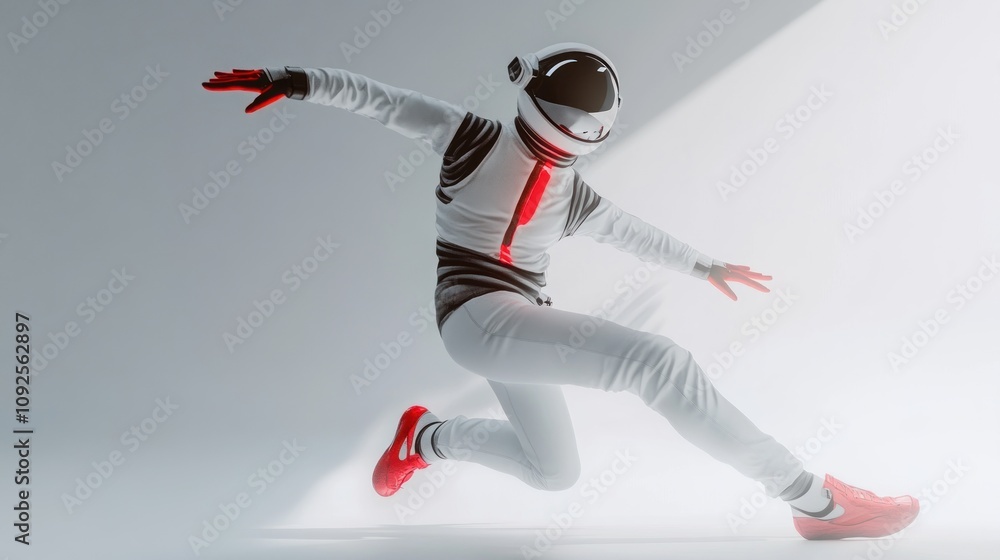 Poster a futuristic figure in a spacesuit performing a dynamic dance move in a minimalist setting.