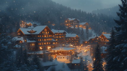 Obraz premium Beautiful winter resort surrounded by snow-covered trees, featuring warmly lit lodges and glowing pathways under a magical twilight sky