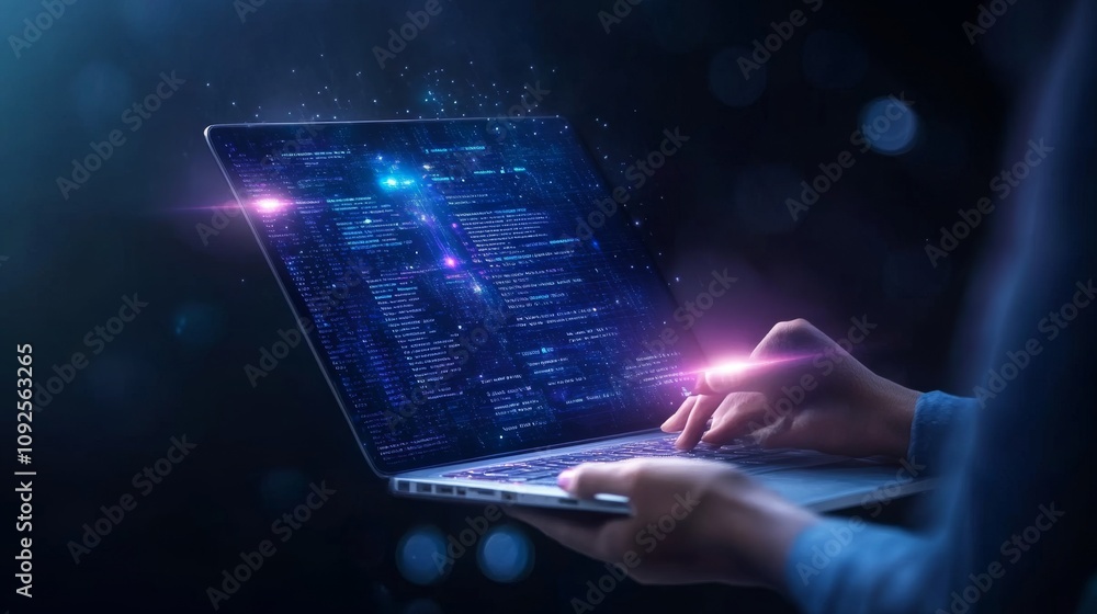 Poster hands typing on laptop with glowing code and digital effects in a dark background, representing tech