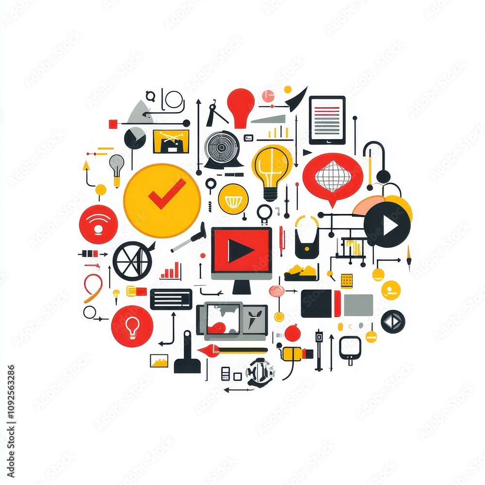 Poster colorful digital icons representing technology, communication, and data management in various shapes