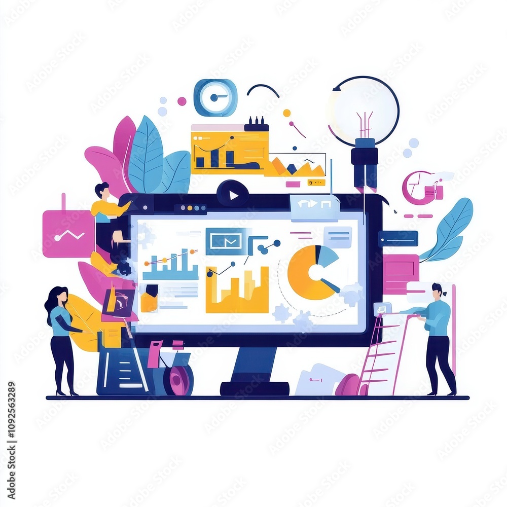 Poster digital illustration of diverse individuals analyzing data on a large computer monitor with vibrant 