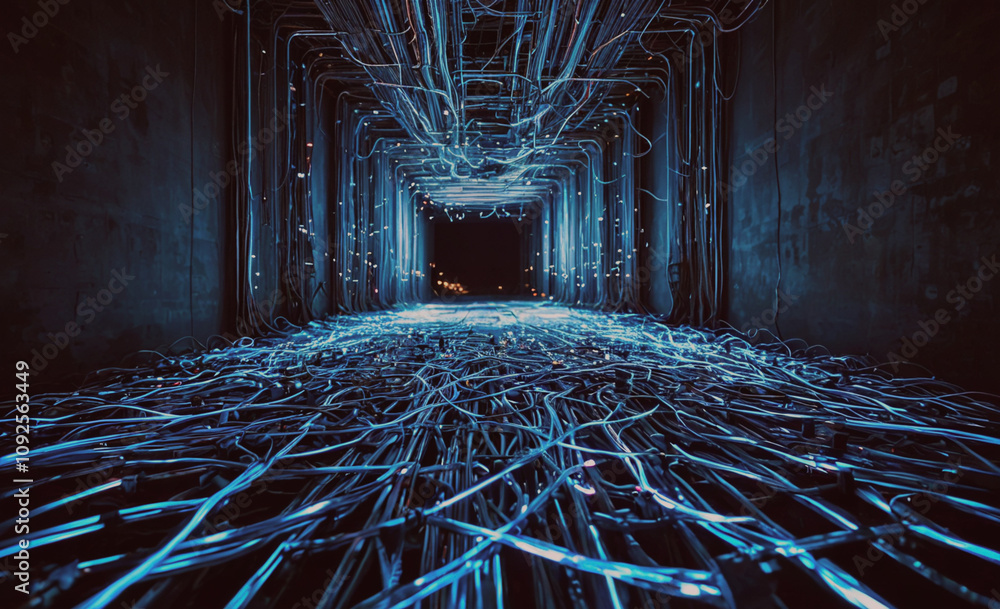 Poster long tunnel with wires hanging from the ceiling. the wires are blue and are spread out across the tu