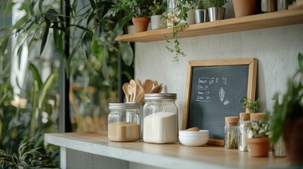 An eco-friendly kitchen setup featuring branded glass storage jars, crafts like reusable beeswax wraps, and a zero-waste grocery list on a chalkboard,