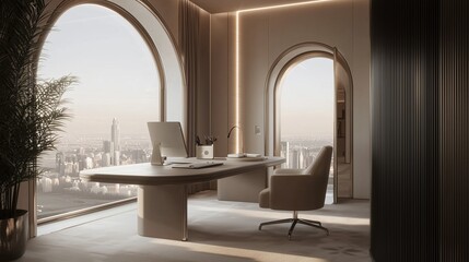 Fototapeta premium Luxurious Executive Office Suite in Private Jet with City View