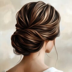 Obraz premium A close-up of a beautiful woman's hair in an elegant updo, featuring warm brown highlights against a soft backdrop.