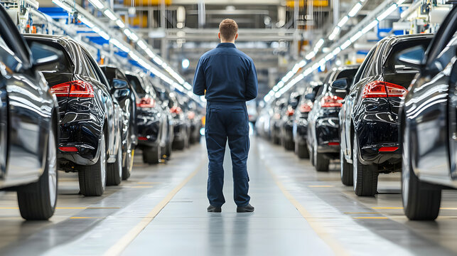 A worker stands in an automotive factory, surrounded by rows of parked cars, highlighting modern manufacturing and assembly processes.