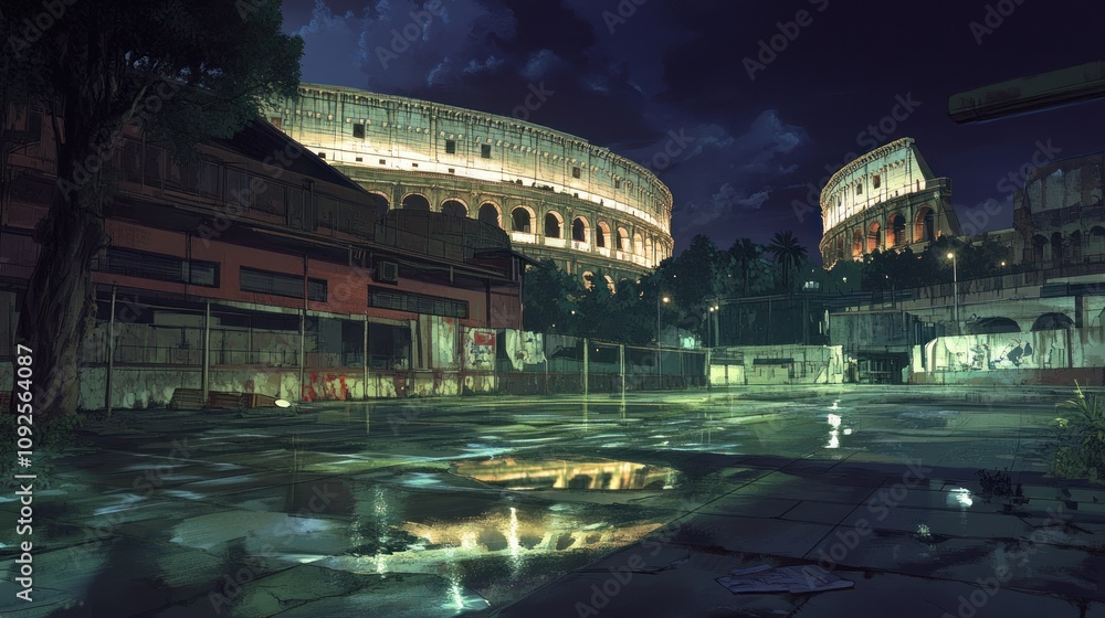 Poster A nighttime view of an abandoned area with a coliseum backdrop, reflecting on puddles.