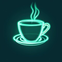 A glowing neon coffee cup illustration on a dark background, emitting steam for a cozy vibe.