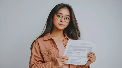 Fototapeta premium Young Woman in Glasses Reviews Document Carefully in Studio Setting