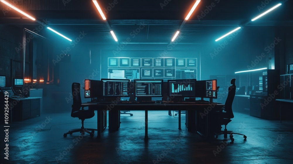 Aufkleber Futuristic Server Room With Multiple Monitors Displaying Data