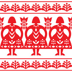Polish folk art style vector seamless pattern with women and flowers = Kurpiowskie Leluje Wycinanki - Kurpie paper cut outs pattern. Non AI-generated
