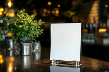 minimalistic blank menu frame mockup on a bar table acrylic stand for customizable restaurant designs. 4k image